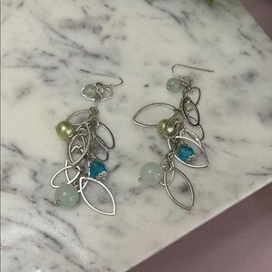 Source Unknown Silver Leaf Dangle Earrings with Green and Blue Beads